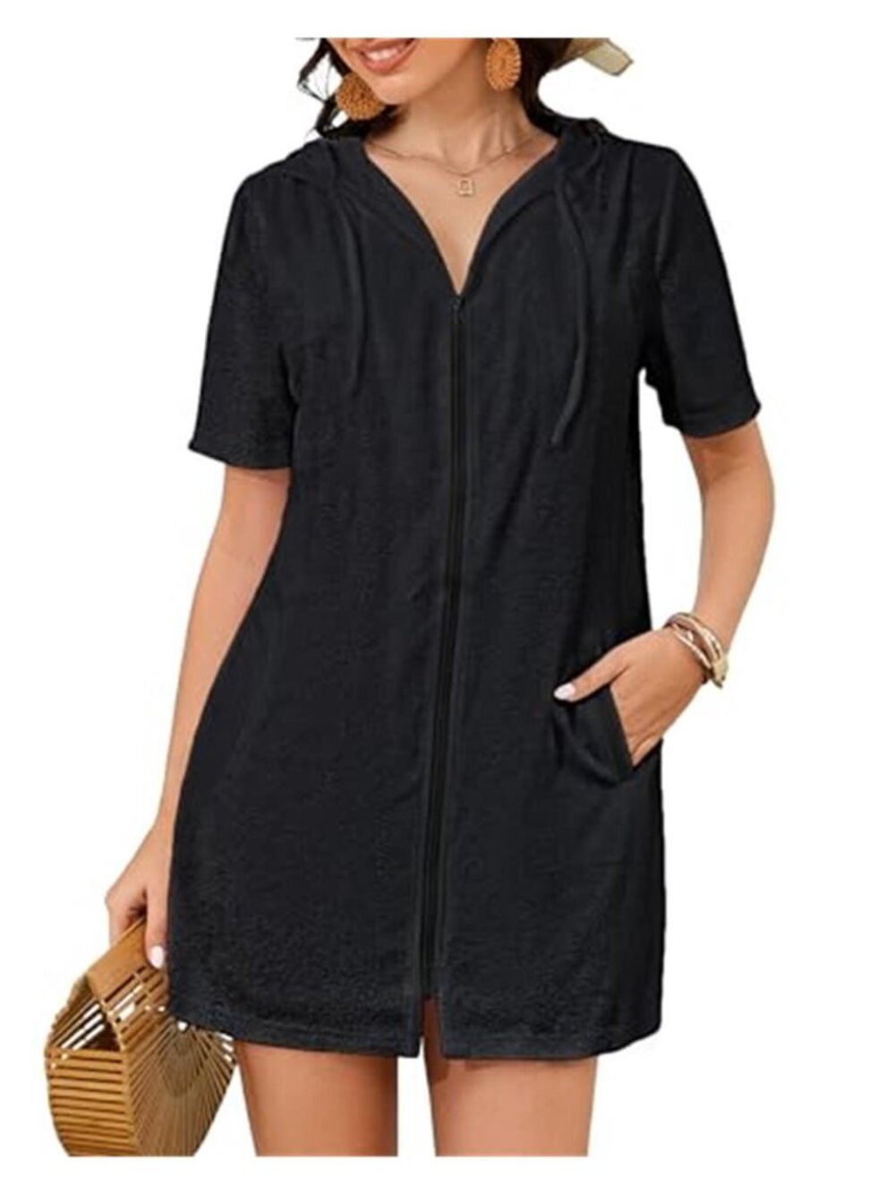 Bsubseach Black Terry Cloth Swim Cover Up Hooded Zip Front Beach Dress